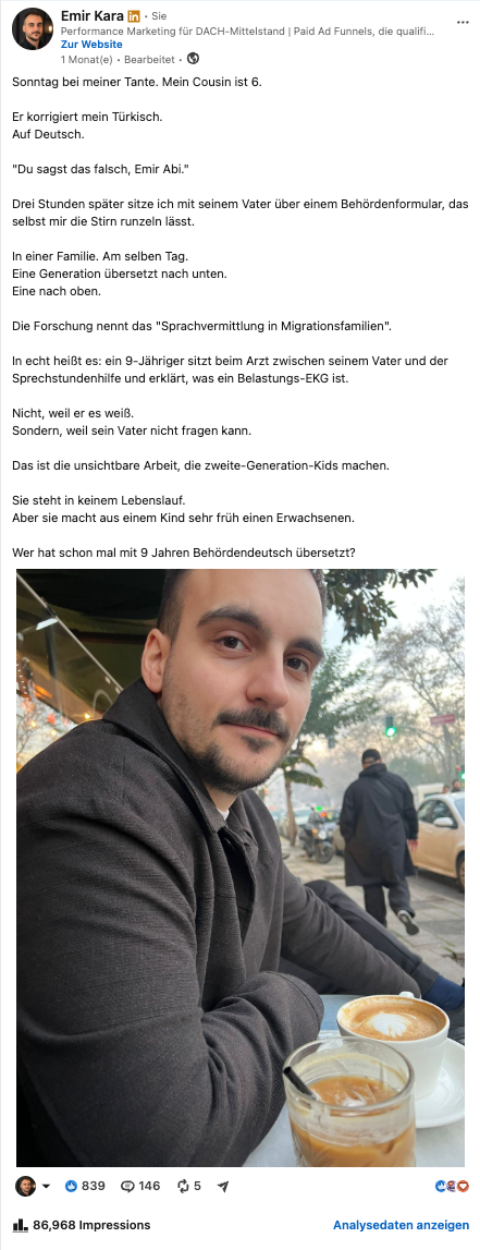 LinkedIn-Beitrag von Emir Kara mit 86.968 Impressionen, 839 Reaktionen und 146 Kommentaren